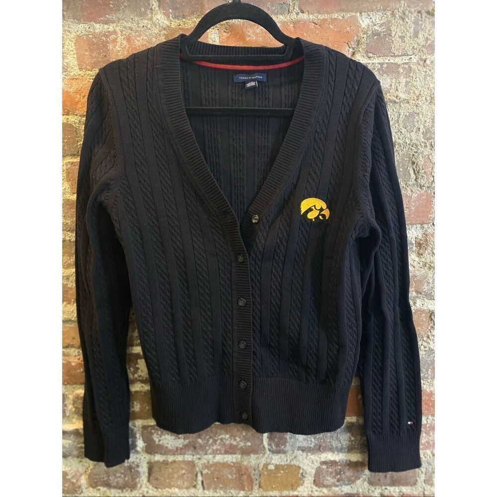 TOMMY HILFIGER • IOWA Hawkeyes • Black Cable Knit Cardigan • Ladies Size L